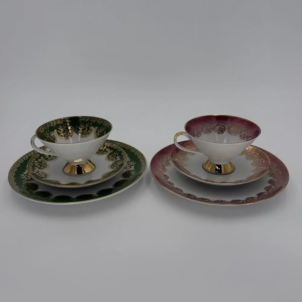 Vintage 1950s Winterling Bavaria Green/Red with Gold Teacup Saucer Plate Trio